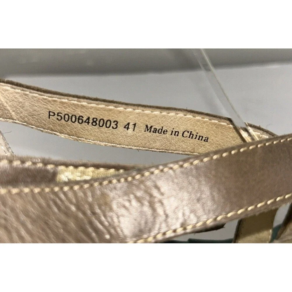 Fly London W EU 41 YUMO White Leather Brown Green Trim Wedge Sandals US 10-10.5